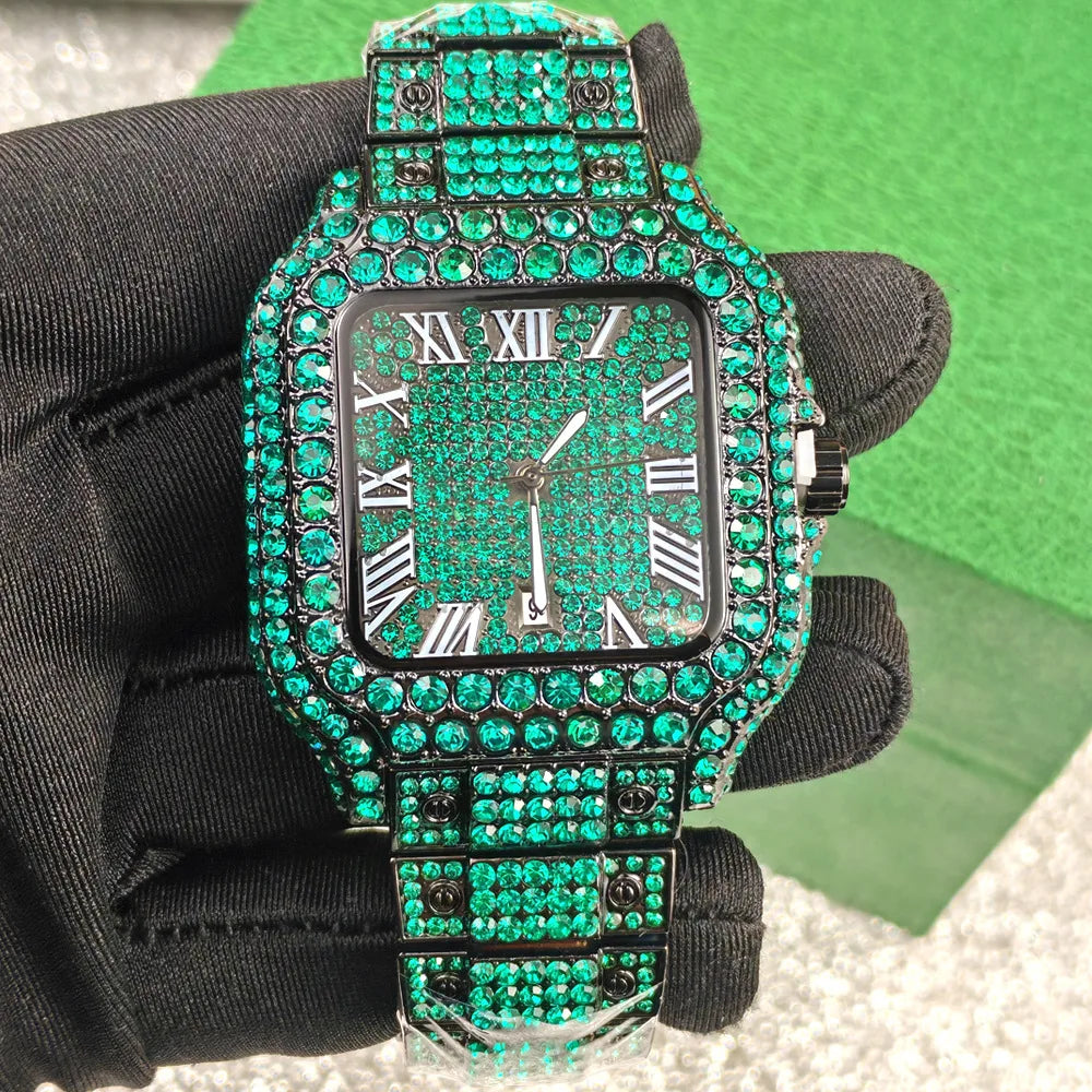 Relógio de quartzo clássico azul e preto cravejado de diamantes para homem.