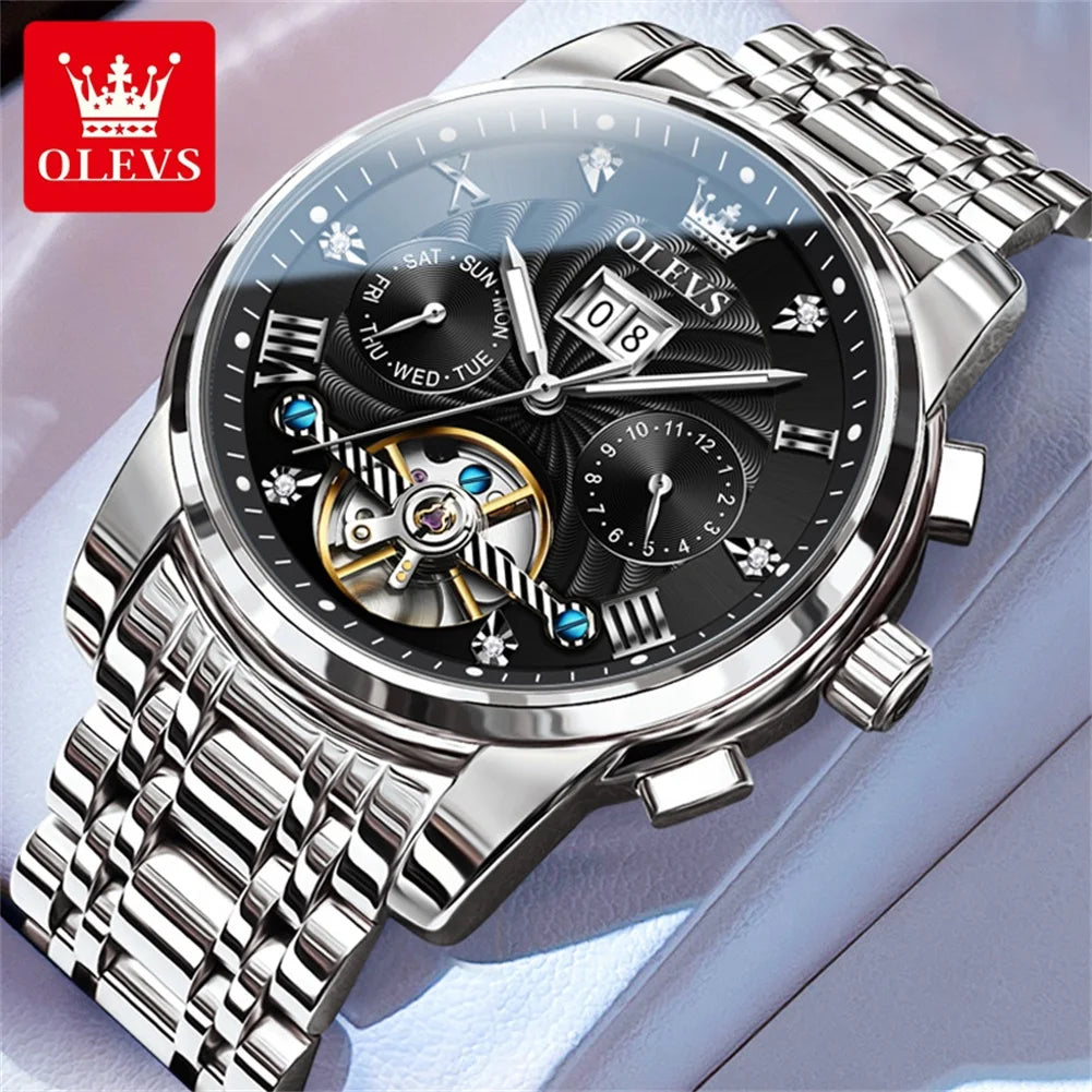 Relógio masculino clássico OLEVS Tourbillon multifuncional totalmente automático