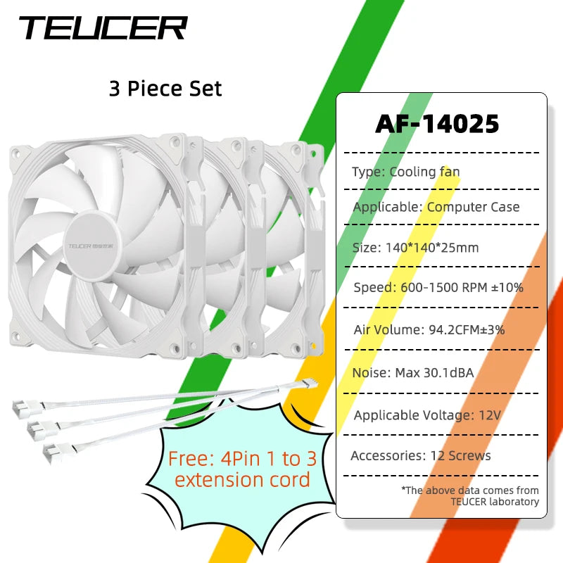 TEUCER AF-14025 PC Fan 140mm Case Fan 4Pin PWM 600-1500RPM High Performance Quiet Computer Fans