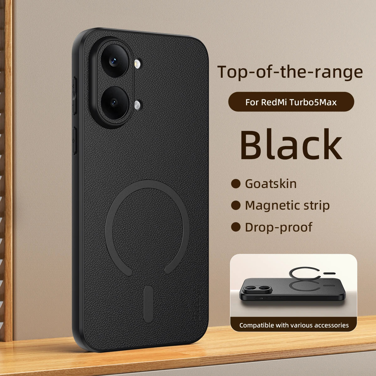Capa para Redmi Turbo 5 Max em pele de cabra com carregamento sem fio magnético