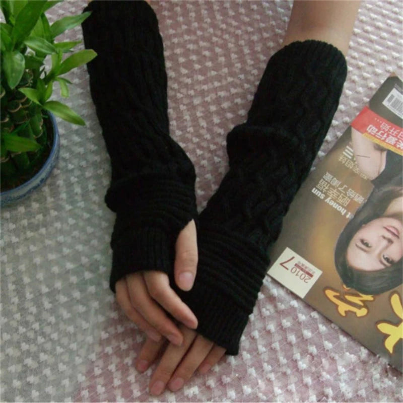 Luvas compridas de tricô femininas, quentes e bordadas, para o inverno