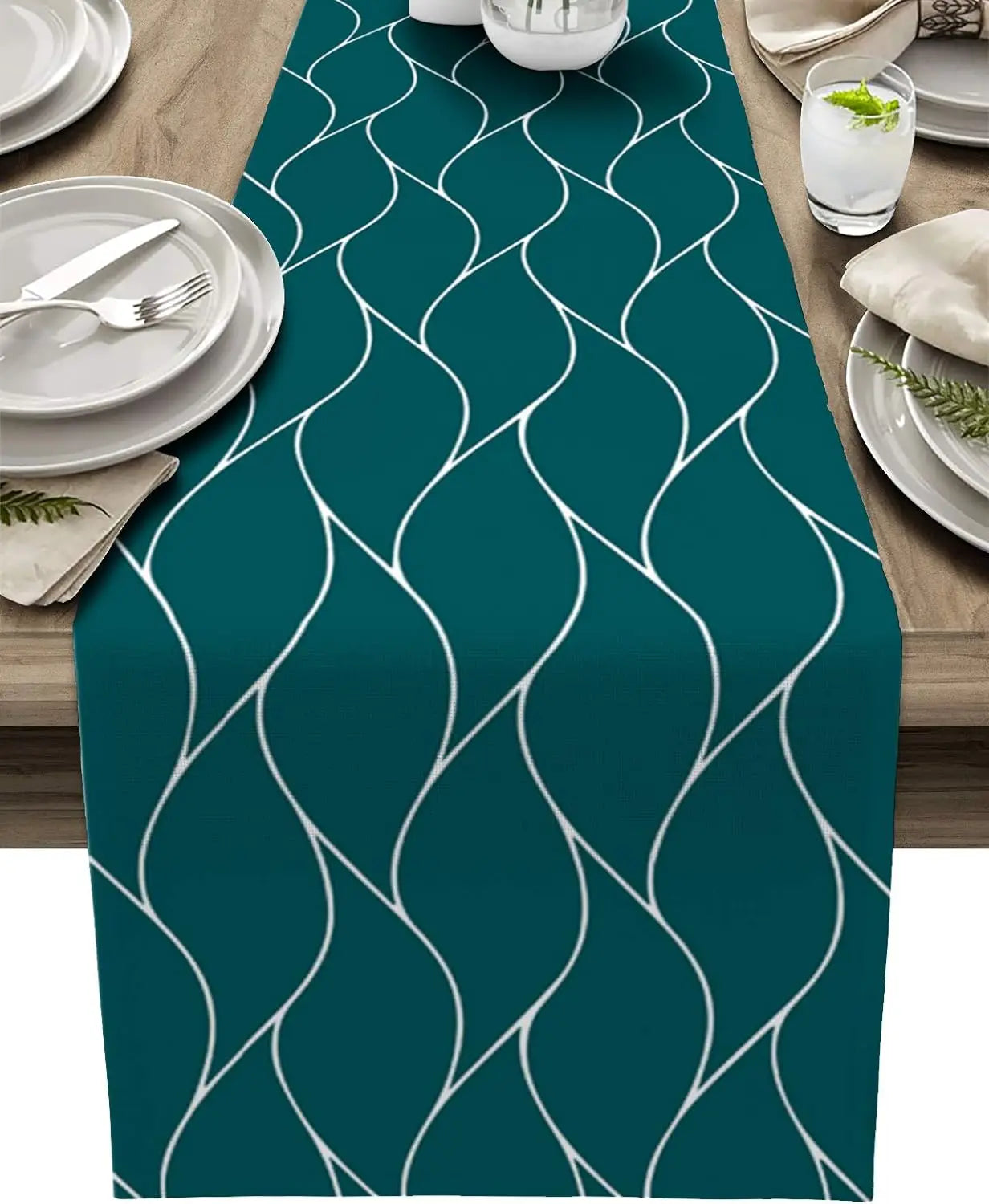 Caminhos de mesa em linho bege, lenço de cômoda moderno com estampa abstrata de ondas e listras