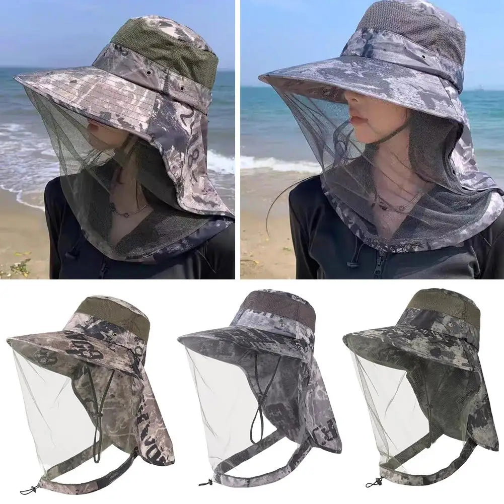 Chapéu de pesca com proteção solar UPF50+ e rede mosquiteira.