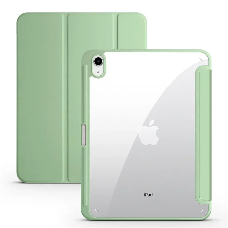 Capa para iPad de 10ª geração com suporte para caneta, dobrável em três partes e com parte traseira transparente em acrílico.