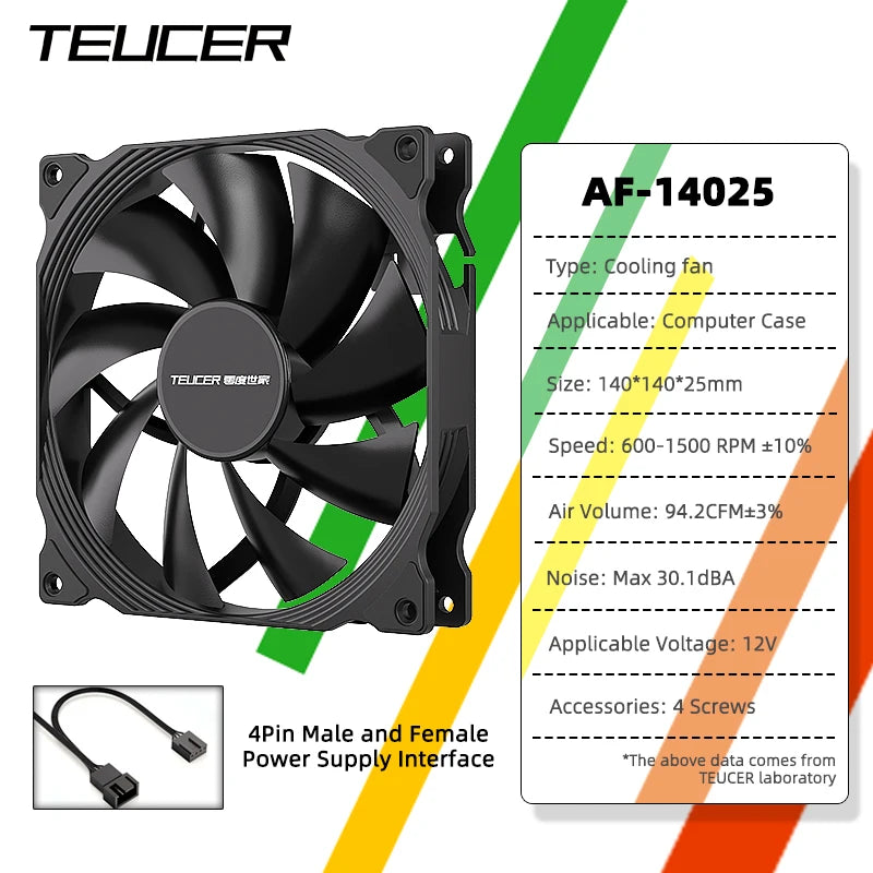 TEUCER AF-14025 PC Fan 140mm Case Fan 4Pin PWM 600-1500RPM High Performance Quiet Computer Fans