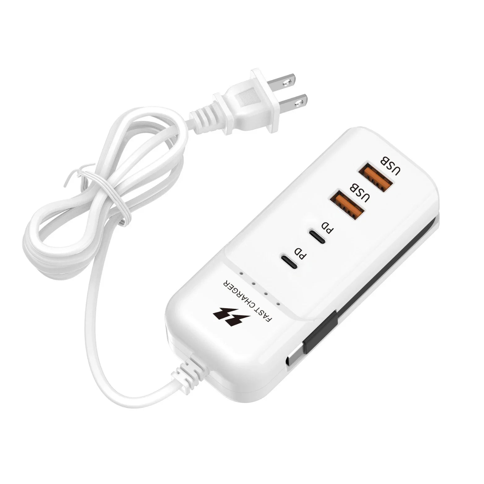 Carregador USB PD Tipo C com carregamento rápido e várias portas para tomada.