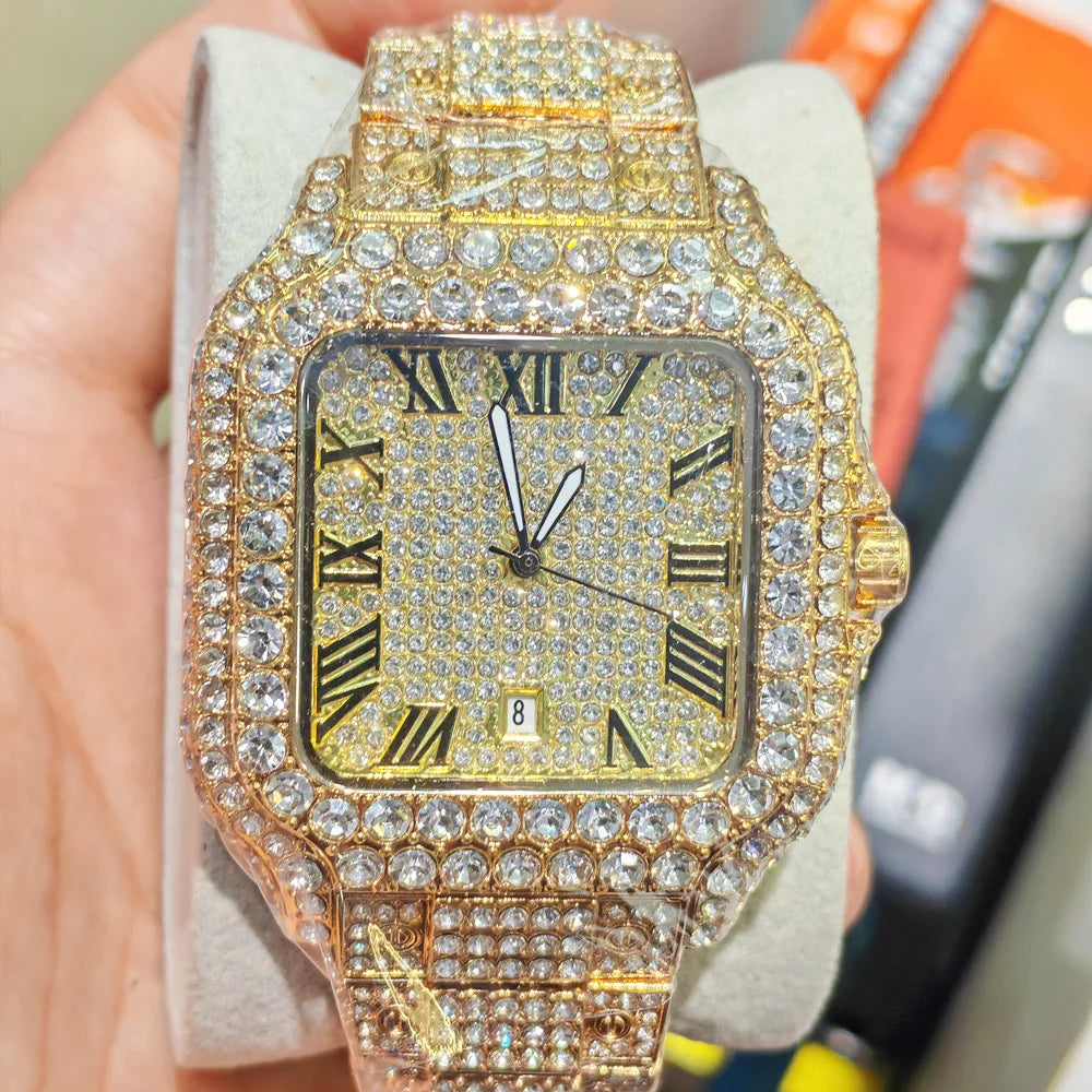 Relógio de quartzo clássico azul e preto cravejado de diamantes para homem.