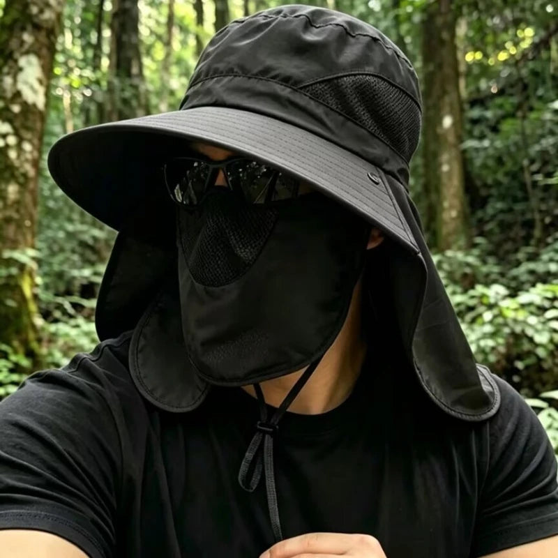 Chapéu de Sol Masculino com Proteção Solar UPF50+ e Cobertura Removível para Rosto e Pescoço para Pesca ao Ar Livre