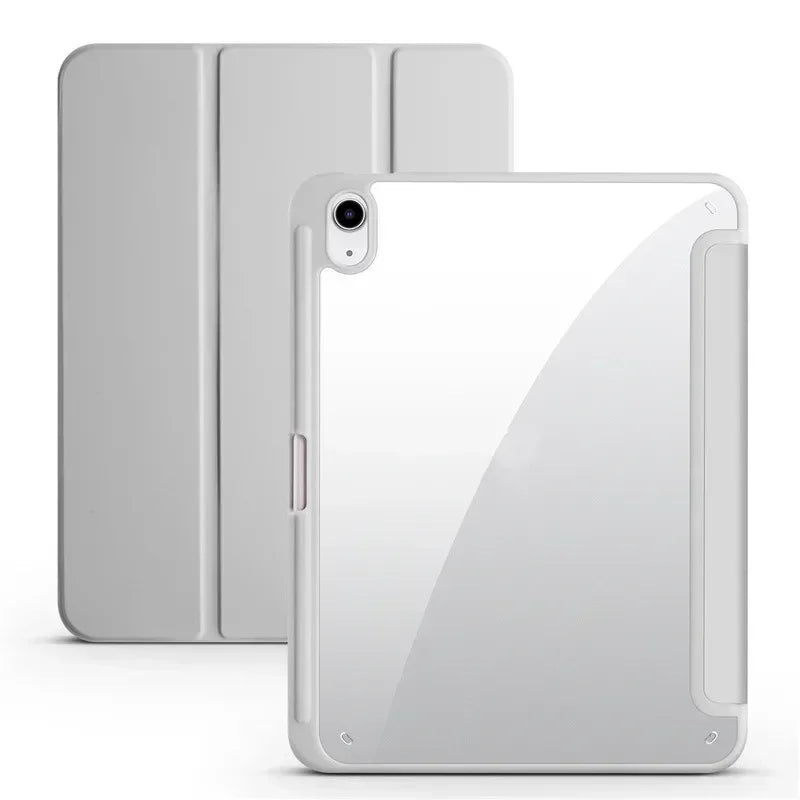 Capa para iPad de 10ª geração com suporte para caneta, dobrável em três partes e com parte traseira transparente em acrílico.