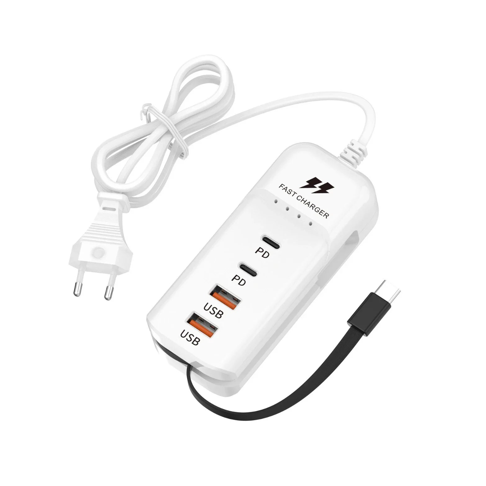 Carregador USB PD Tipo C com carregamento rápido e várias portas para tomada.
