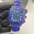 Relógio de quartzo clássico azul e preto cravejado de diamantes para homem.