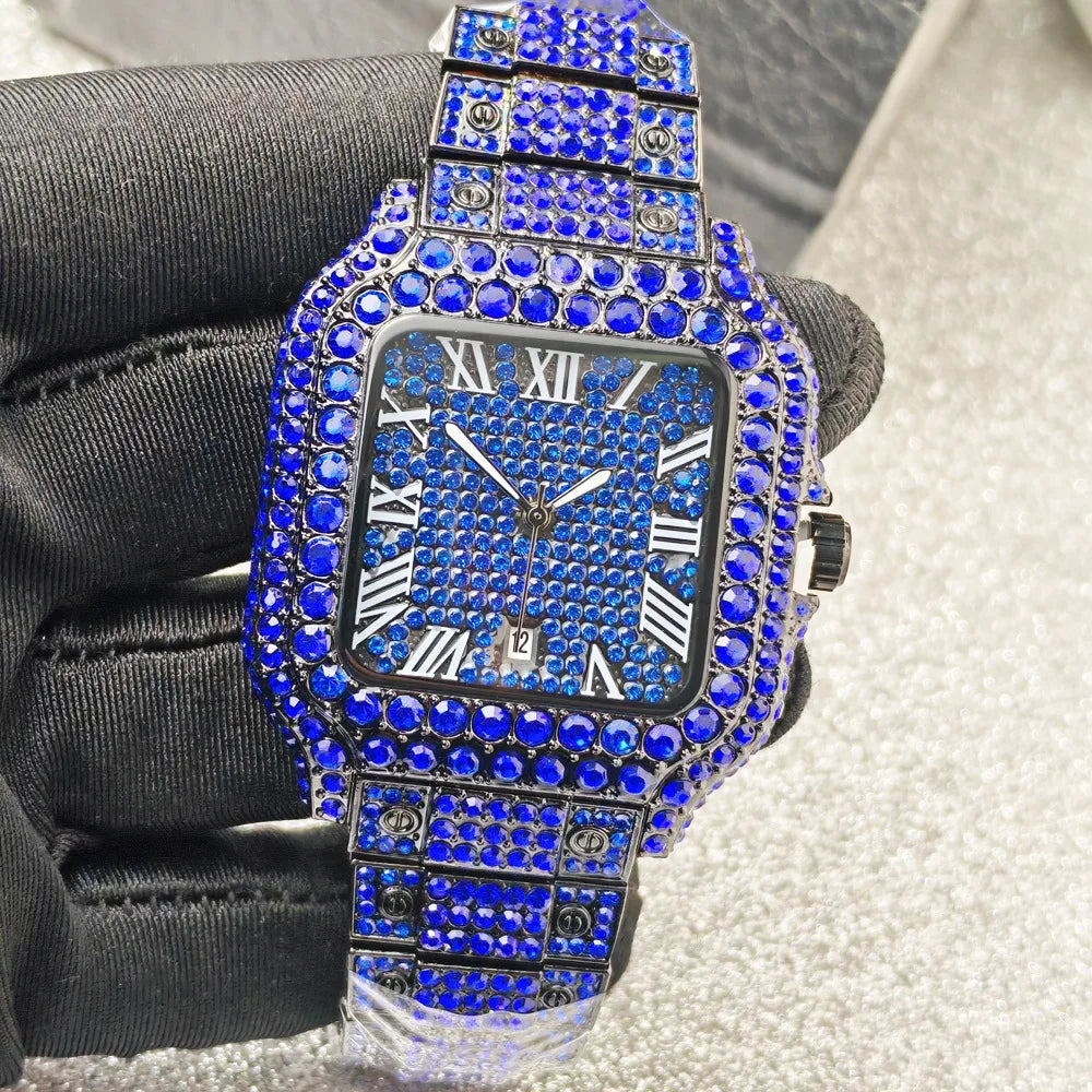 Relógio de quartzo clássico azul e preto cravejado de diamantes para homem.