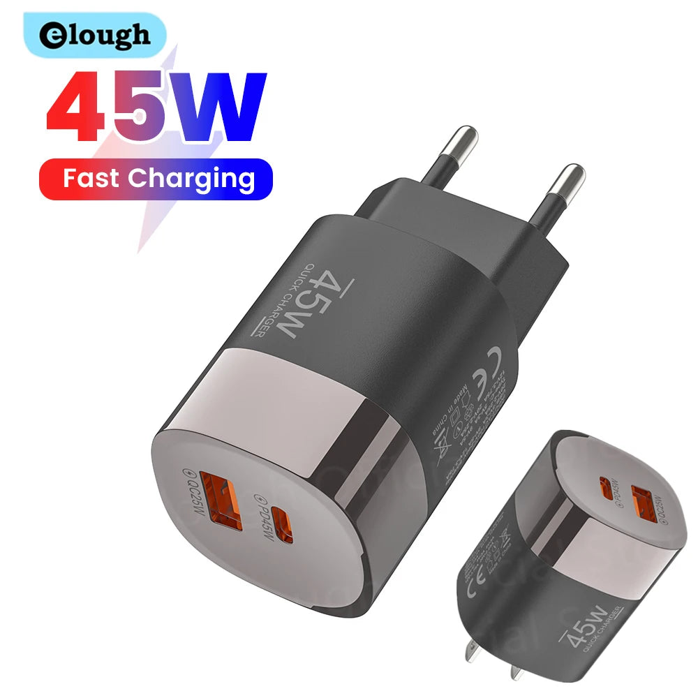 Carregador de parede Elough de 45 W com USB Tipo C e carregamento super rápido de 2 portas.