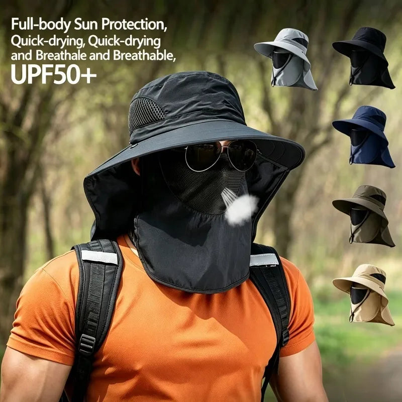 Chapéu de Sol Masculino com Proteção Solar UPF50+ e Cobertura Removível para Rosto e Pescoço para Pesca ao Ar Livre