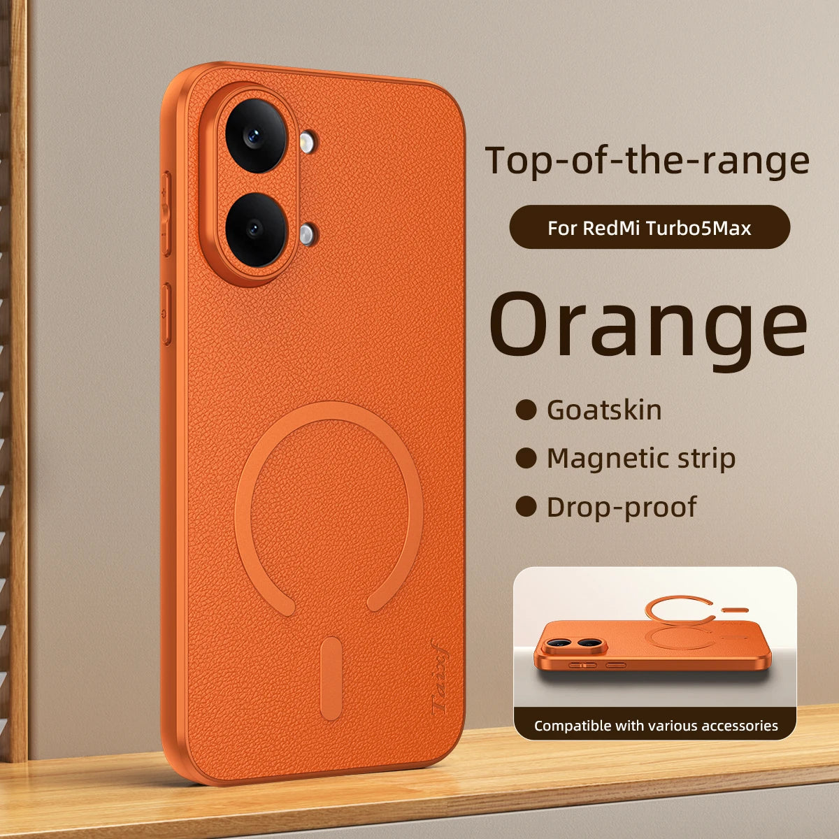Capa para Redmi Turbo 5 Max em pele de cabra com carregamento sem fio magnético