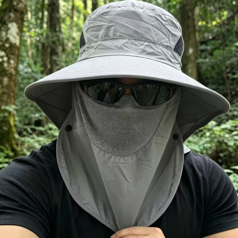 Chapéu de Sol Masculino com Proteção Solar UPF50+ e Cobertura Removível para Rosto e Pescoço para Pesca ao Ar Livre