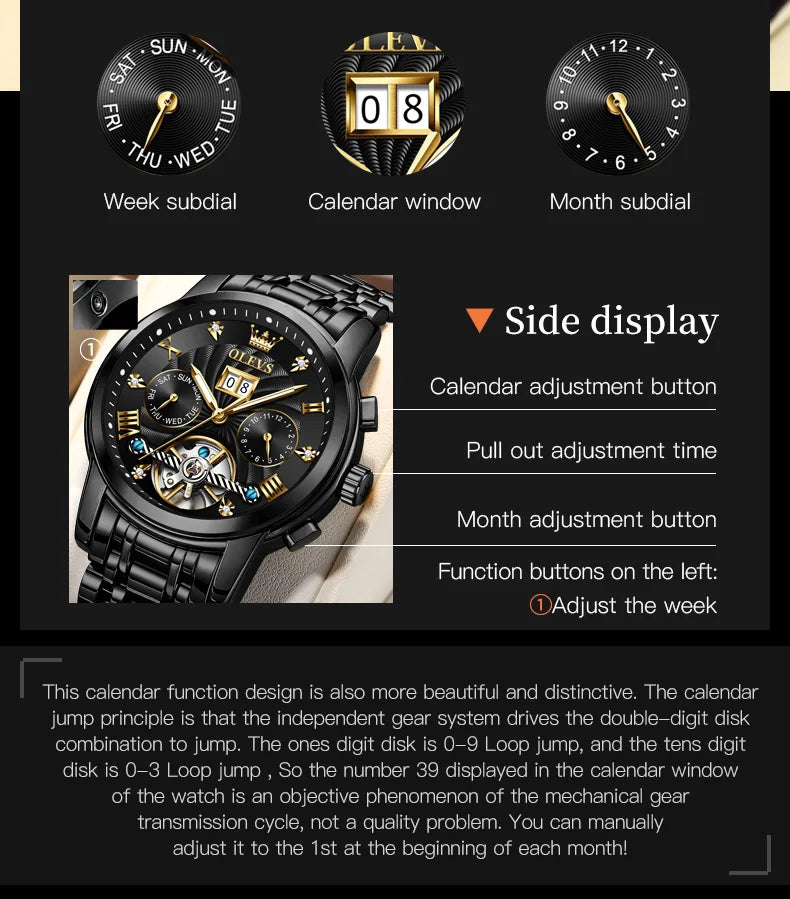Relógio masculino clássico OLEVS Tourbillon multifuncional totalmente automático