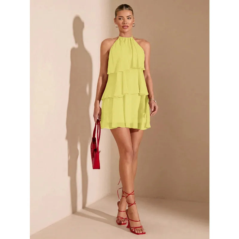 Ropa Para Mujer Women Backless Halter Ruffle Layered Chiffon Mini Dress Wedding Guest Party Vestidos Y2k Clothes Платье