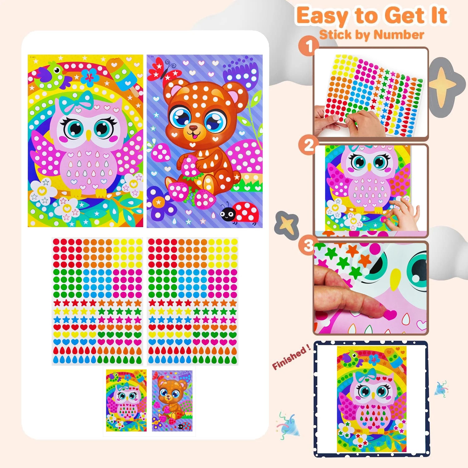 Livro de colorir infantil com pontos para colorir, faça você mesmo, desenho de animais de desenho animado em mosaico