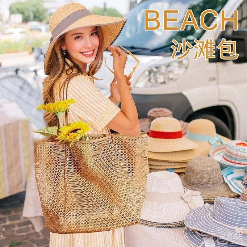 Bolsa de praia dobrável em tela, bolsa de ombro feminina para o verão, ideal para atividades ao ar livre