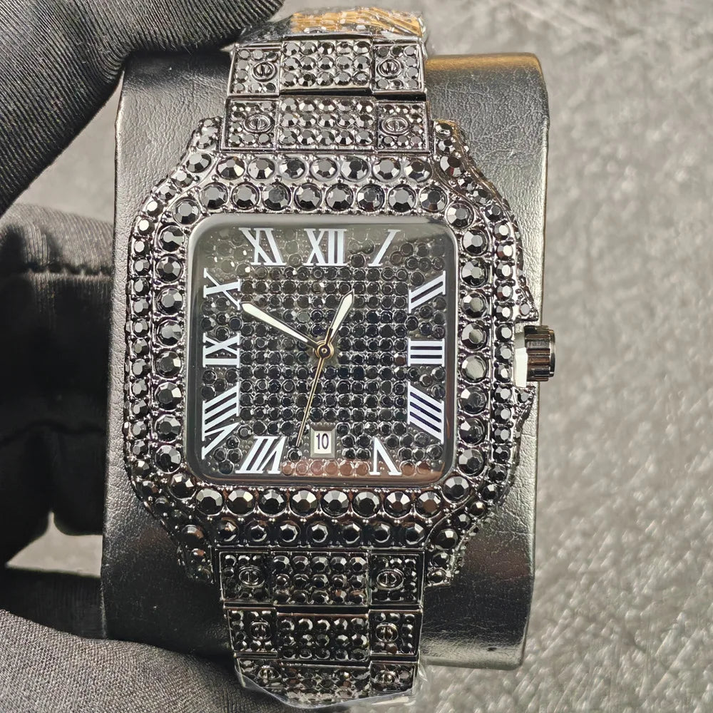 Relógio de quartzo clássico azul e preto cravejado de diamantes para homem.