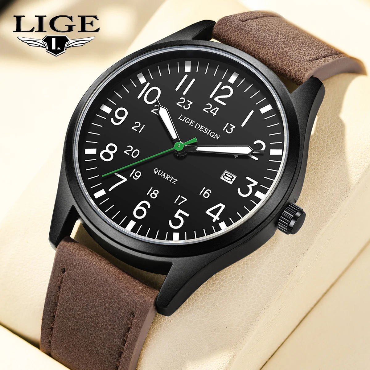Relógio masculino LIGE, modelo simples e moderno, para uso casual ao ar livre e esportivo, com pulseira de couro.