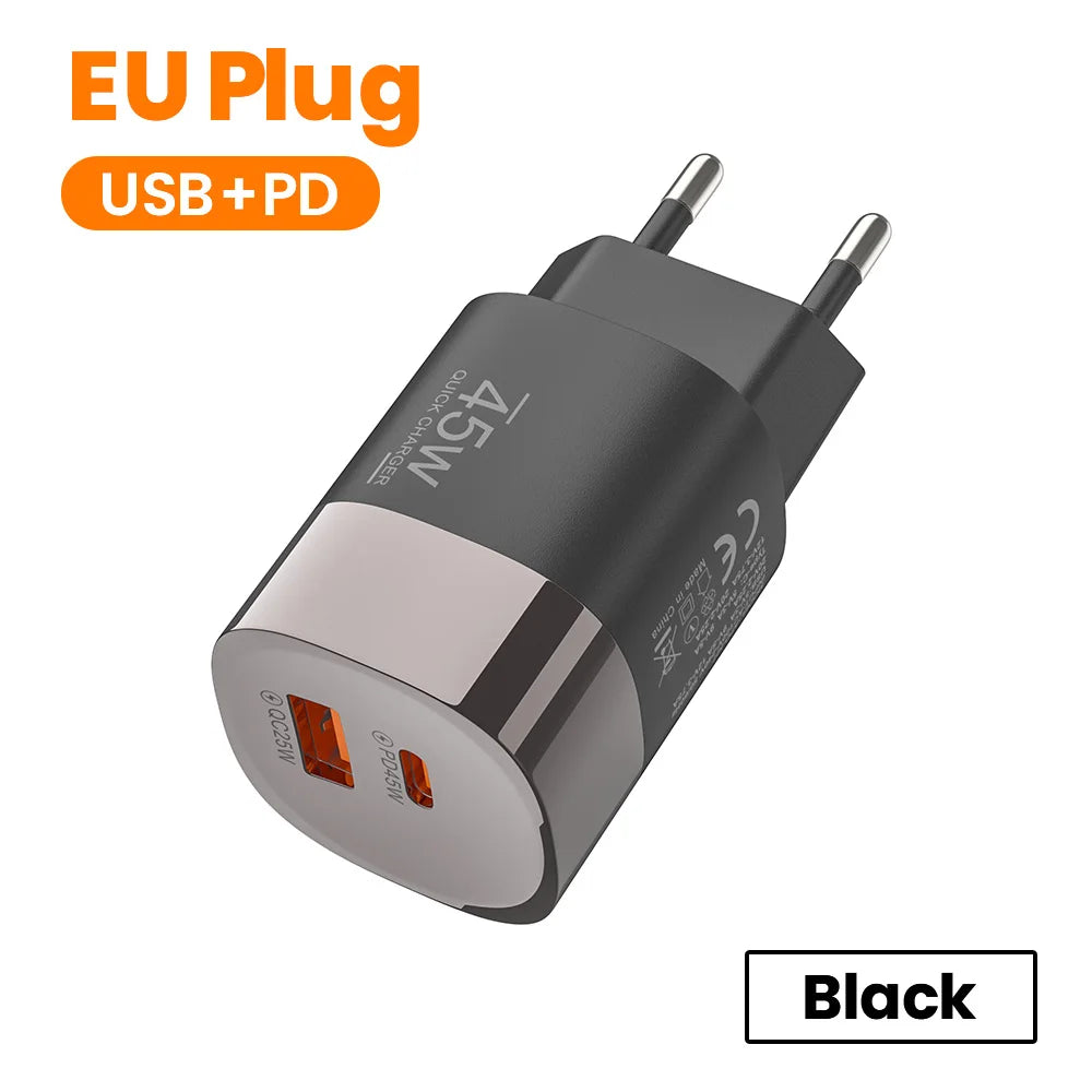 Carregador de parede Elough de 45 W com USB Tipo C e carregamento super rápido de 2 portas.