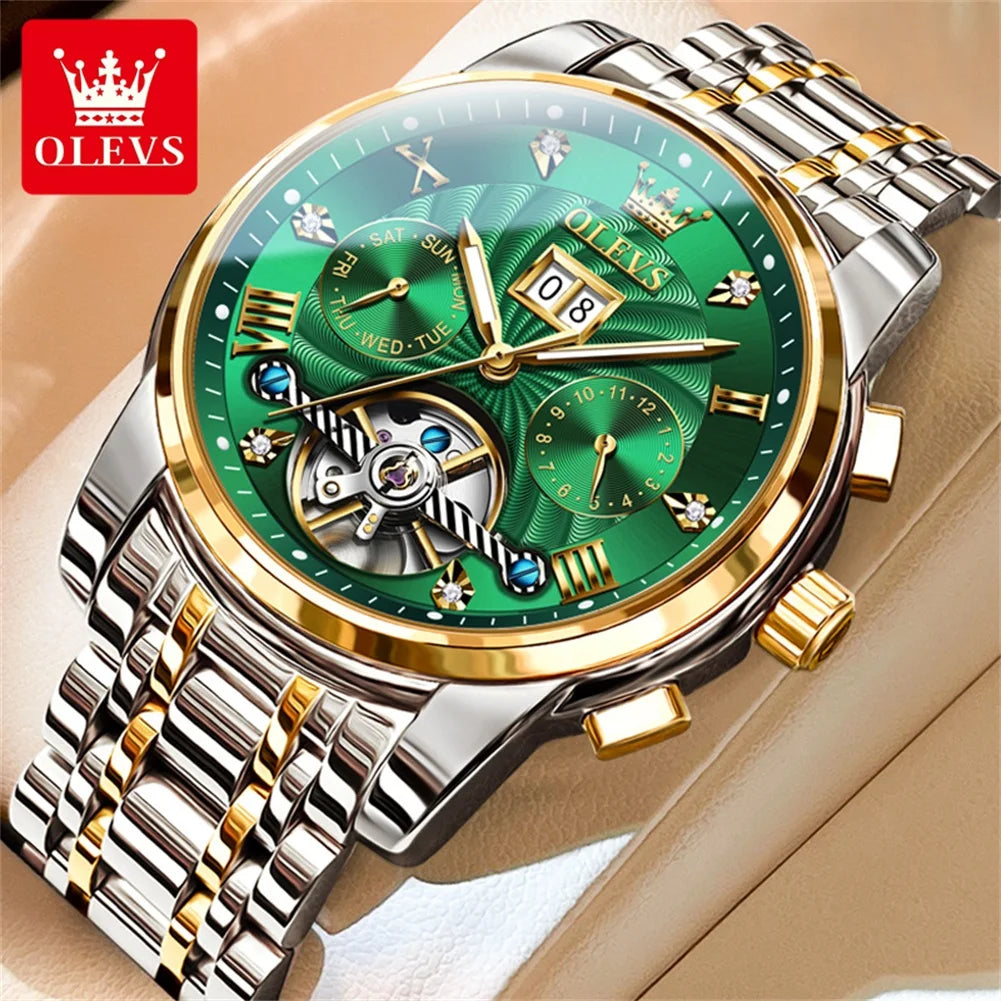 Relógio masculino clássico OLEVS Tourbillon multifuncional totalmente automático