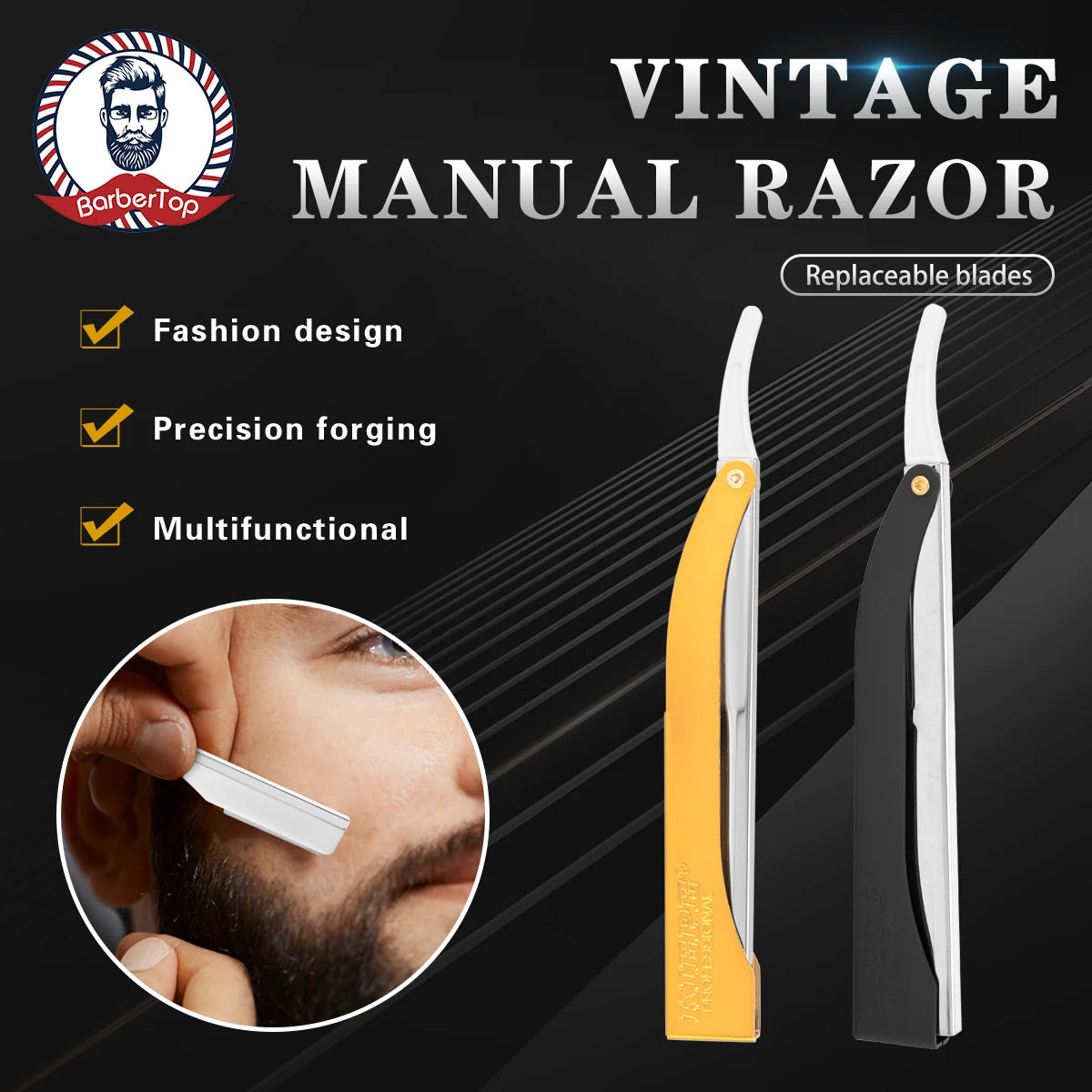 Navalha manual profissional para barbeiro, ideal para cortar cabelo, barba e sobrancelhas.