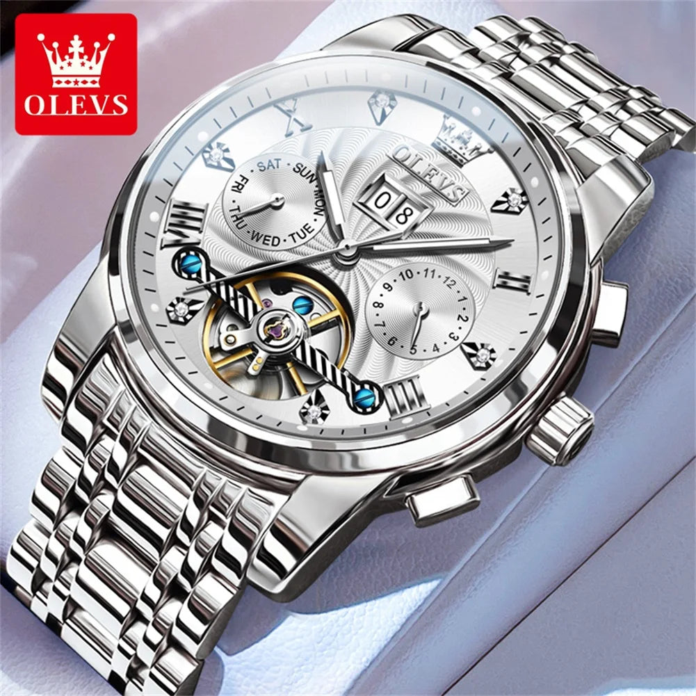 Relógio masculino clássico OLEVS Tourbillon multifuncional totalmente automático