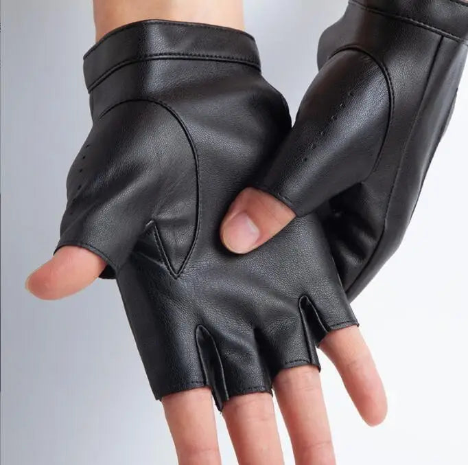Luvas masculinas de couro sem dedos, estilo motoqueiro, cano alto.