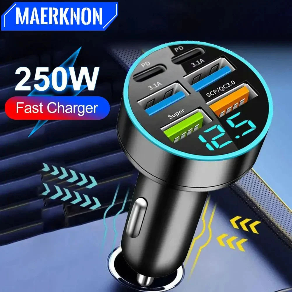 Carregador USB para carro de 250 W com carregamento rápido PD QC3.0 e USB-C para celular