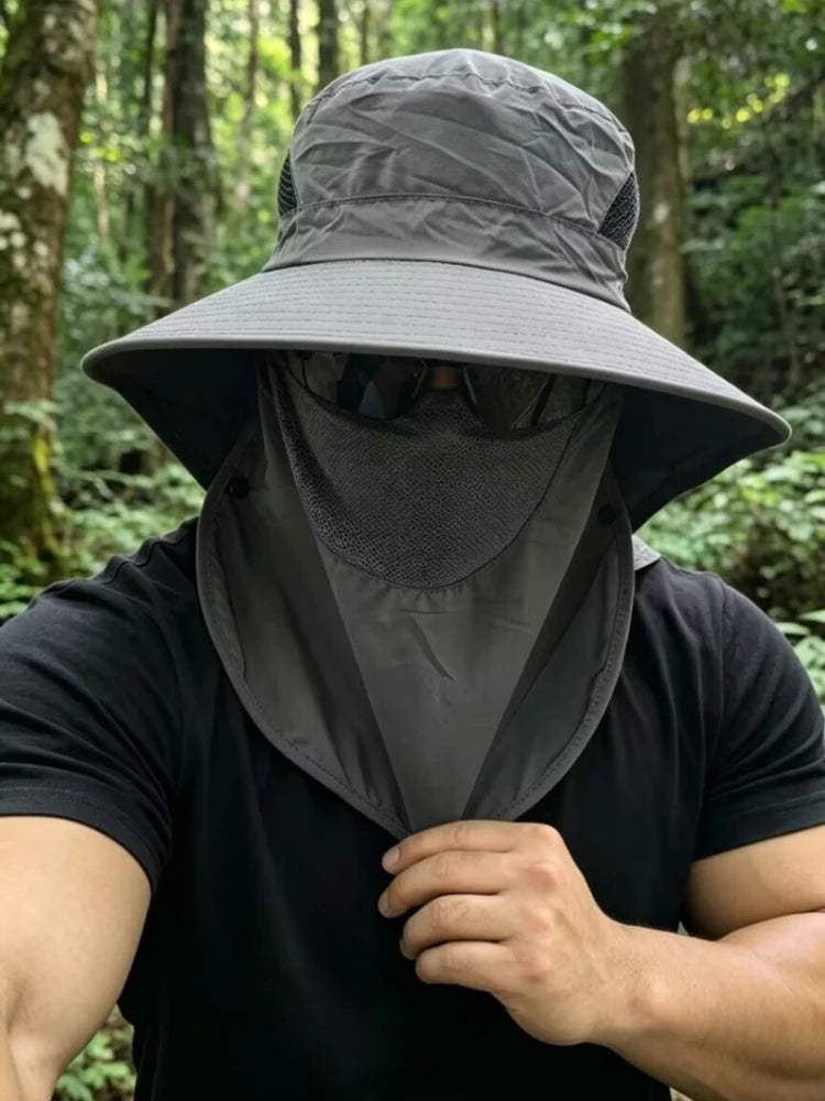 Chapéu de Sol Masculino com Proteção Solar UPF50+ e Cobertura Removível para Rosto e Pescoço para Pesca ao Ar Livre