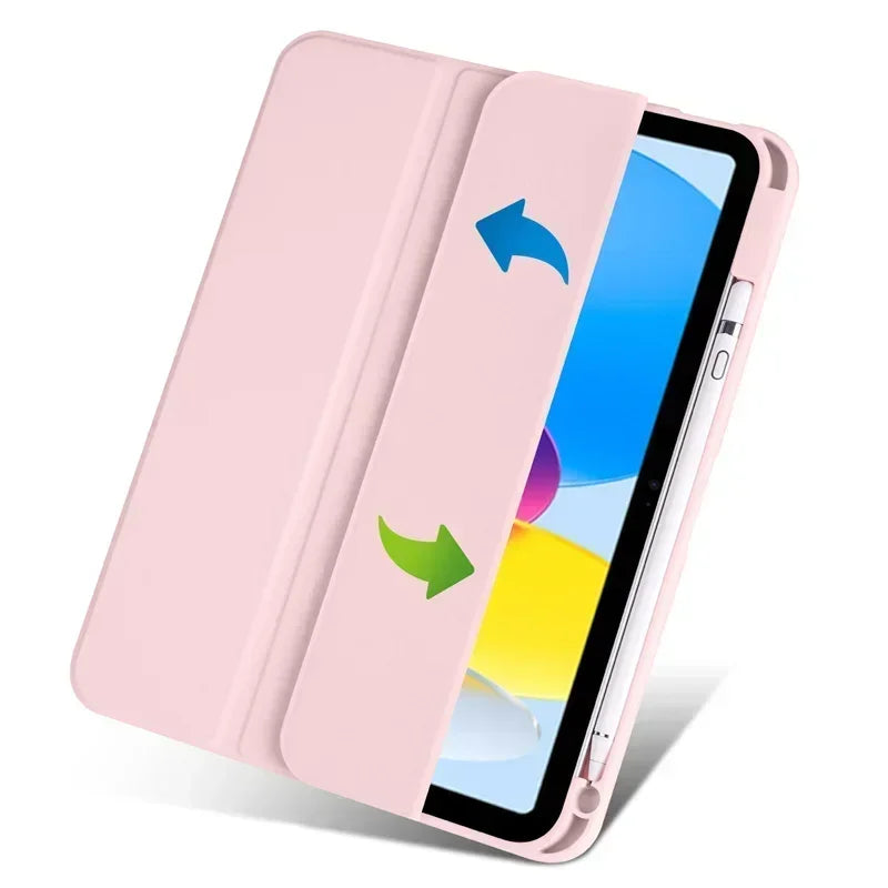 Capa para iPad de 10ª geração com suporte para caneta, dobrável em três partes e com parte traseira transparente em acrílico.
