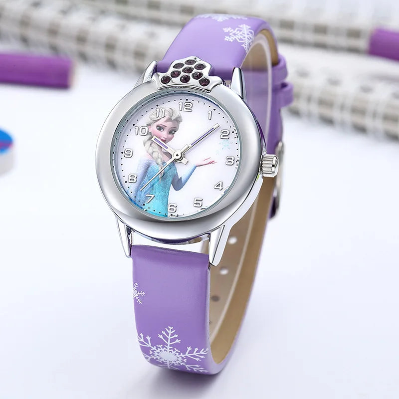 Novo relógio infantil Elsa para meninas, com pulseira de couro, lindo modelo infantil