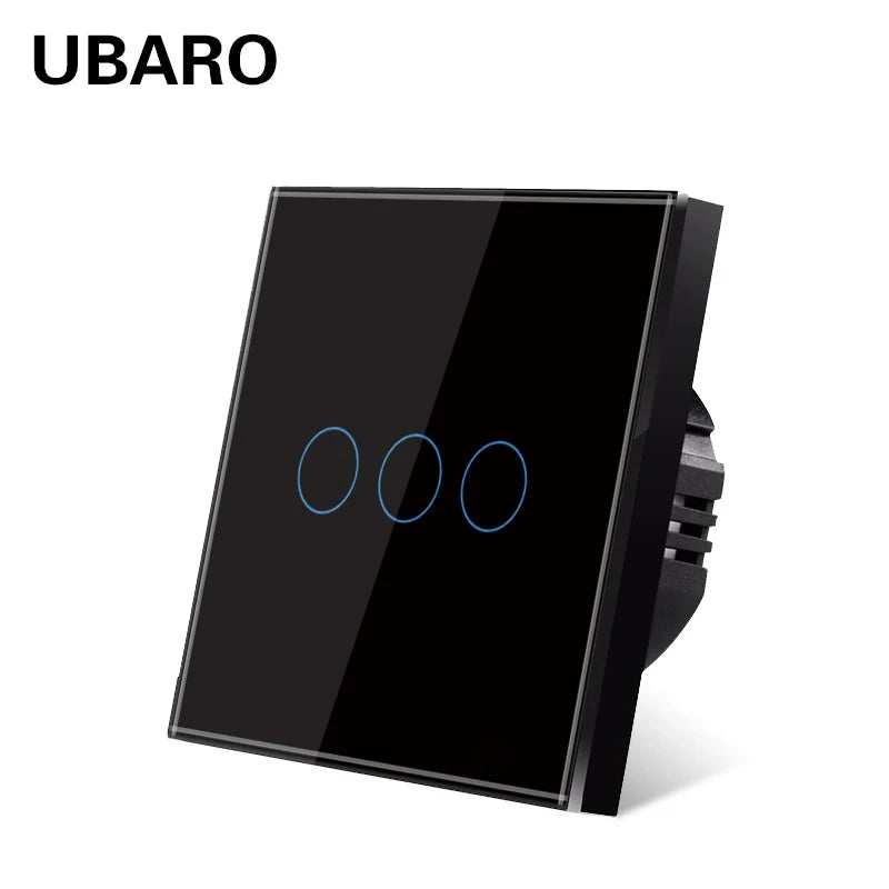 Interruptor de parede tátil UBARO padrão europeu de 3 vias, 220 V, com iluminação LED azul