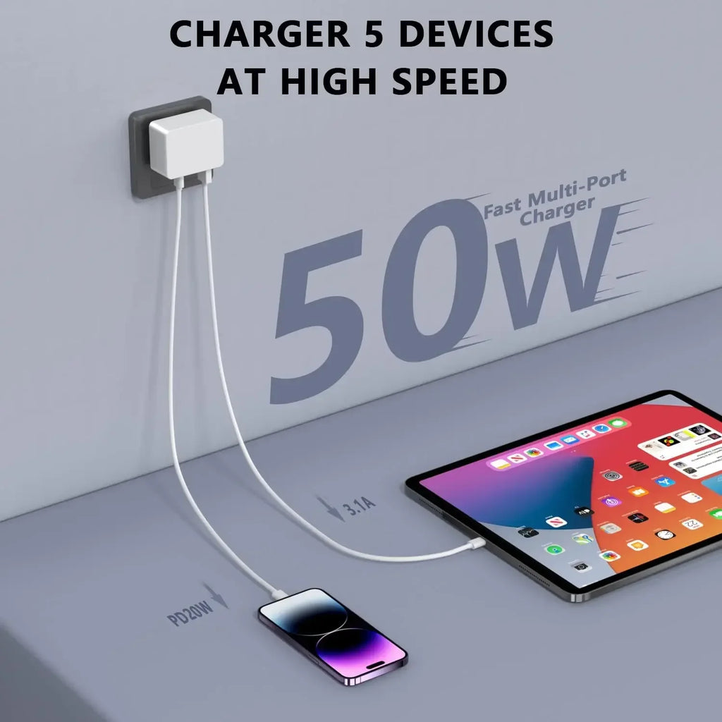Cargador USB C Carregador Cargador Rapido 50W 5 Portas Bloque de Carga