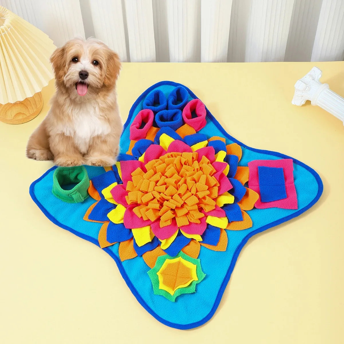Tapete interativo para cães com função de farejar e alimentar.