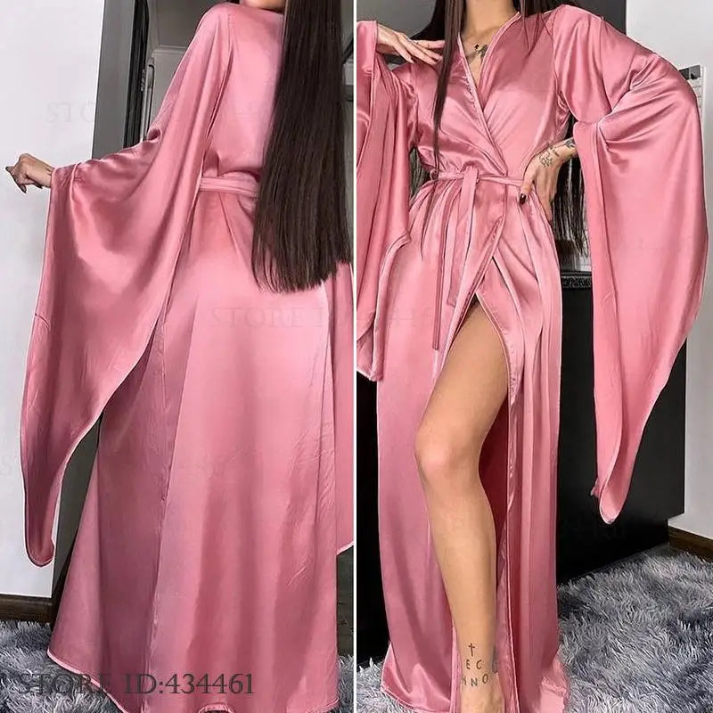 Vestido longo de cetim sedoso para casamento, ideal para usar em casa.