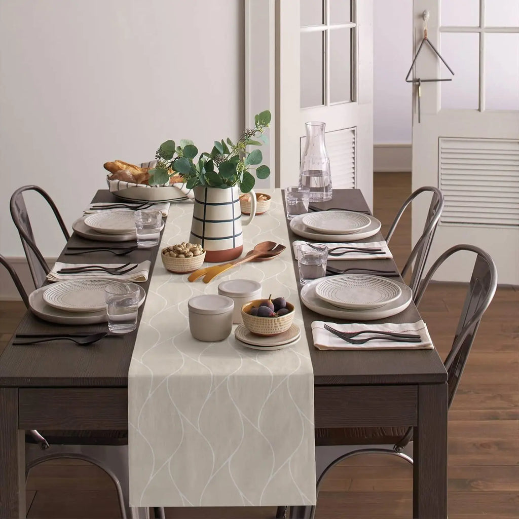 Caminhos de mesa em linho bege, lenço de cômoda moderno com estampa abstrata de ondas e listras