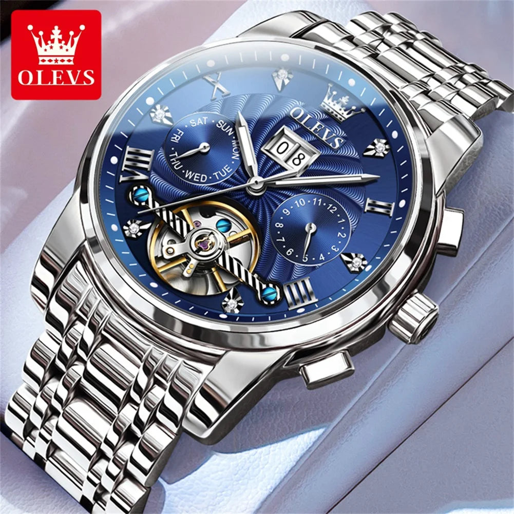 Relógio masculino clássico OLEVS Tourbillon multifuncional totalmente automático