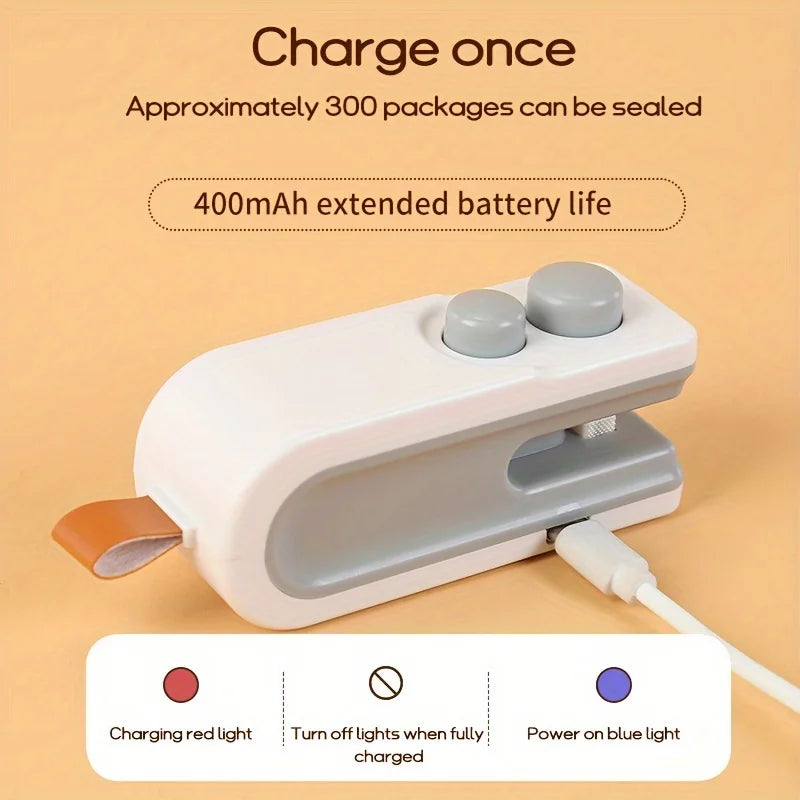 Seladora elétrica de sacos com aquecimento, carregamento USB e atração magnética.