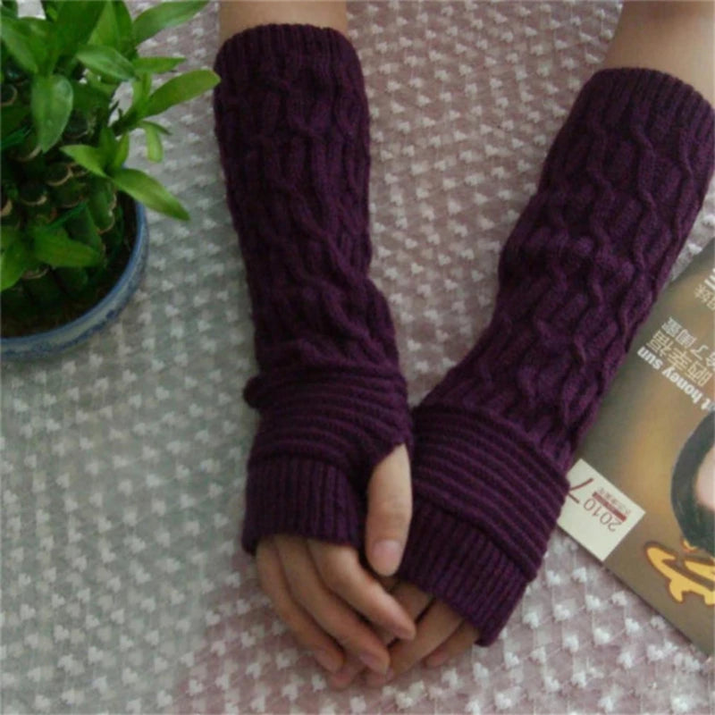 Luvas compridas de tricô femininas, quentes e bordadas, para o inverno