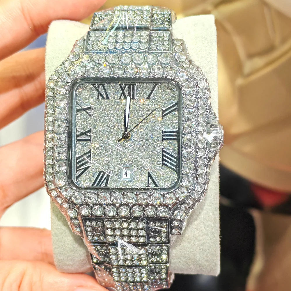 Relógio de quartzo clássico azul e preto cravejado de diamantes para homem.