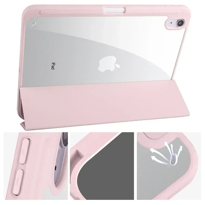 Capa para iPad de 10ª geração com suporte para caneta, dobrável em três partes e com parte traseira transparente em acrílico.