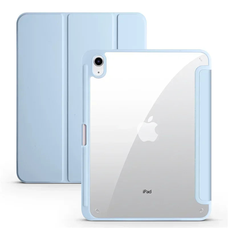 Capa para iPad de 10ª geração com suporte para caneta, dobrável em três partes e com parte traseira transparente em acrílico.