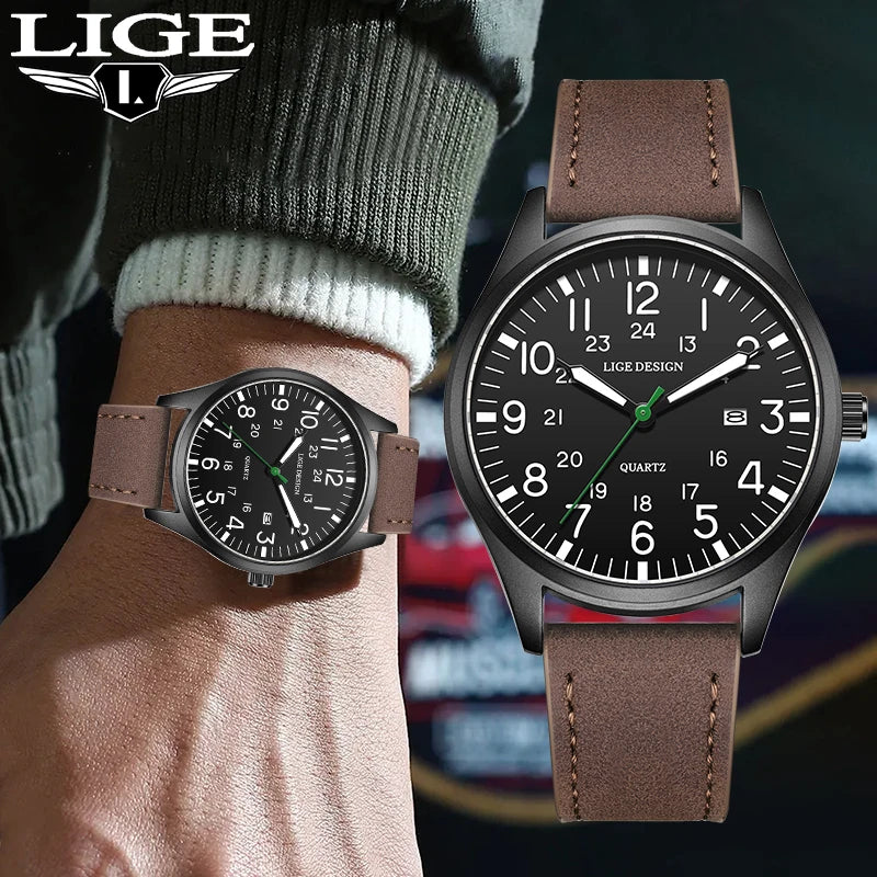 Relógio masculino LIGE, modelo simples e moderno, para uso casual ao ar livre e esportivo, com pulseira de couro.