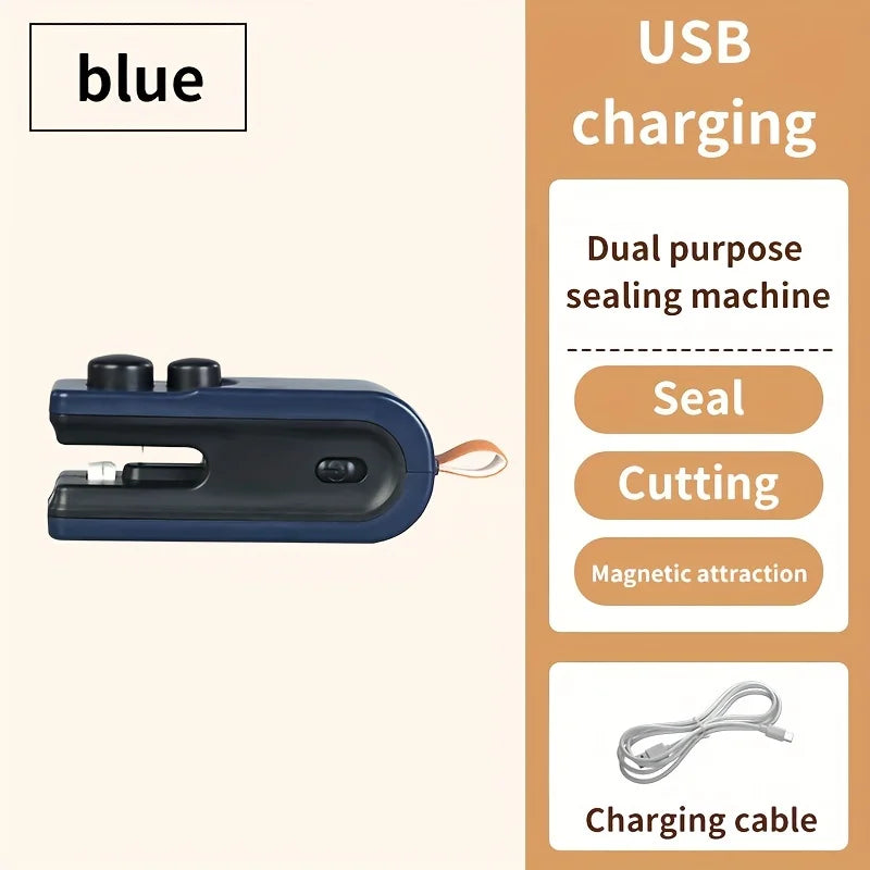 Seladora elétrica de sacos com aquecimento, carregamento USB e atração magnética.