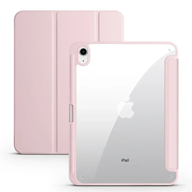 Capa para iPad de 10ª geração com suporte para caneta, dobrável em três partes e com parte traseira transparente em acrílico.