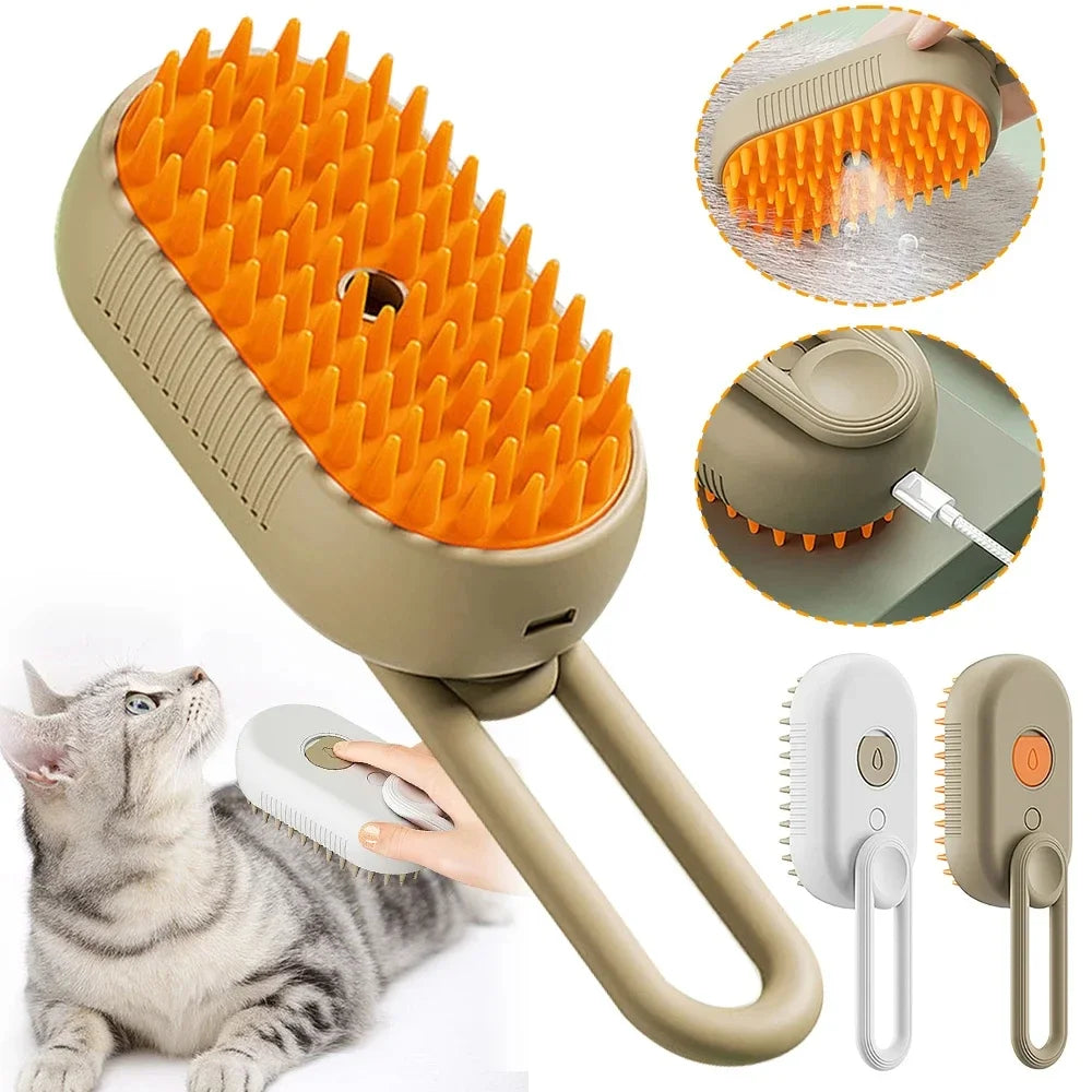 Escova a vapor 3 em 1 para gatos, removedor de pelos de animais de estimação, vaporizador e pente para higiene.